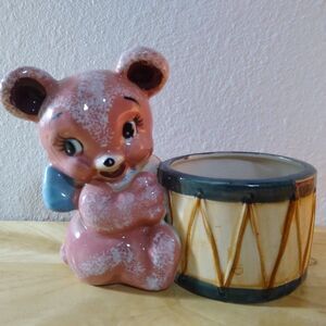 Vintage Wales Pink Teddy Bear With Drum Planter Ceramic